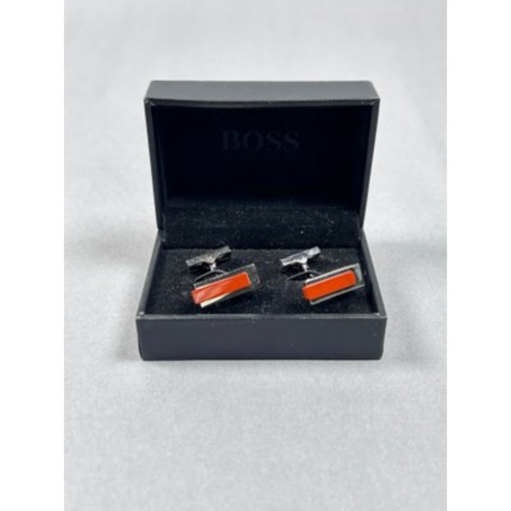 Hugo Boss Cufflinks Mens OS Orange Silver Excellent Enamel Rectangular Boxed